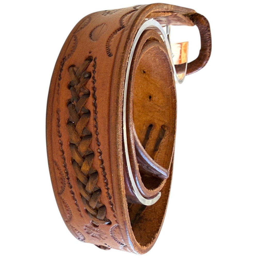 Vintage Hand Tooled Leather Belt Brown Braided Floral Stamped Western Boho 34 - Picture 4 of 6